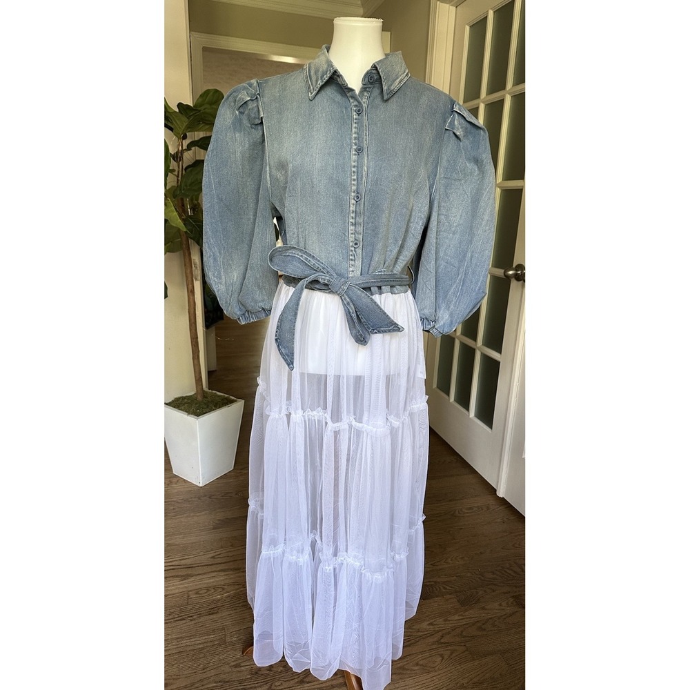 Love Highlight Denim Sheer Tulle Overlay Top Puff Sleeve Button Down Blouse L